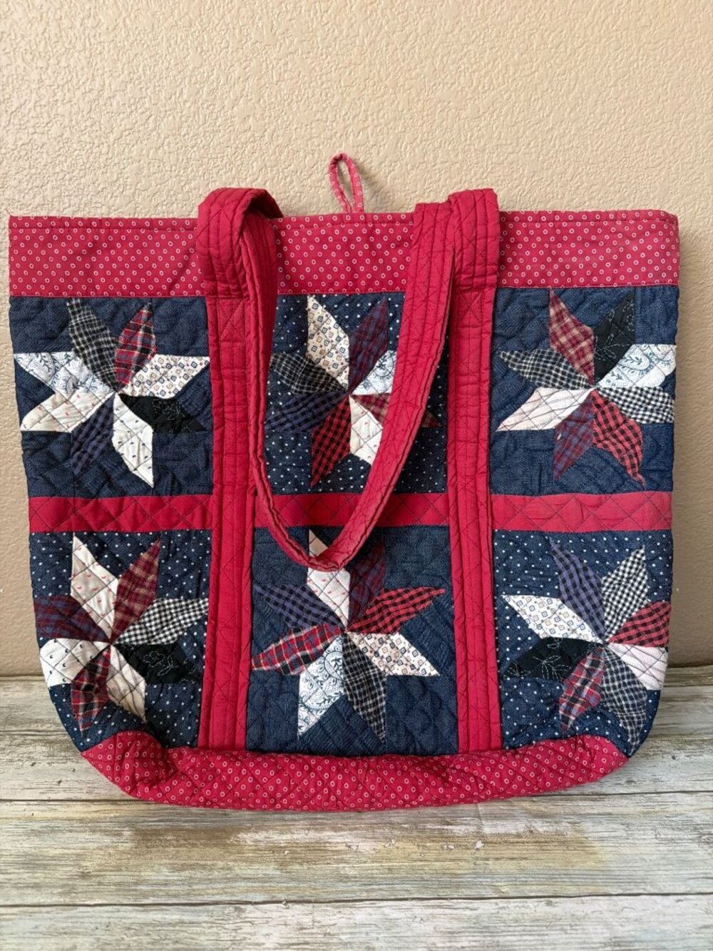 J Peterman Cotton Quilted Patchwork Tote Bag Americana Pinwheel Red Blue Vintage